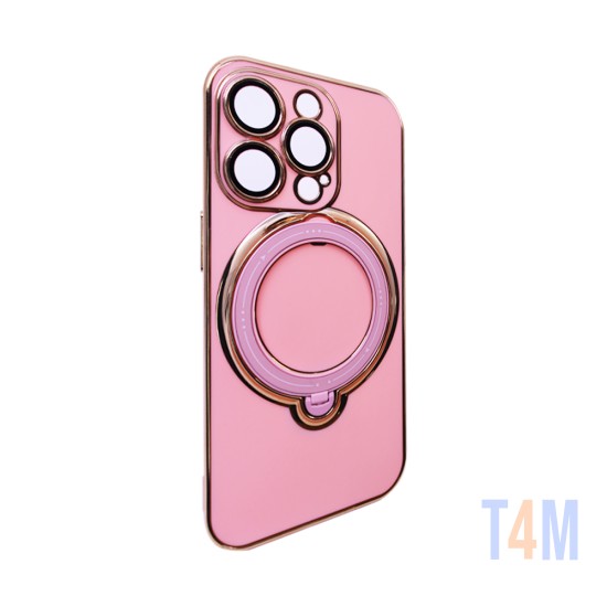 Hard Silicone Case with Camera Shield and Support Ring for Apple iPhone 15 Pro Max Pink